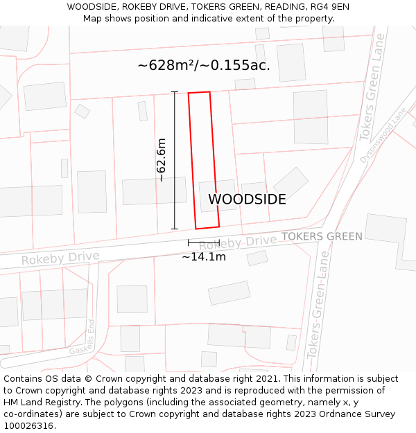WOODSIDE, ROKEBY DRIVE, TOKERS GREEN, READING, RG4 9EN: Plot and title map