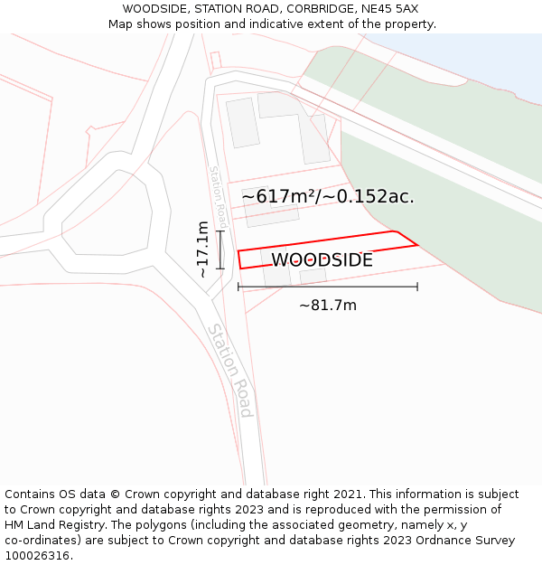 WOODSIDE, STATION ROAD, CORBRIDGE, NE45 5AX: Plot and title map