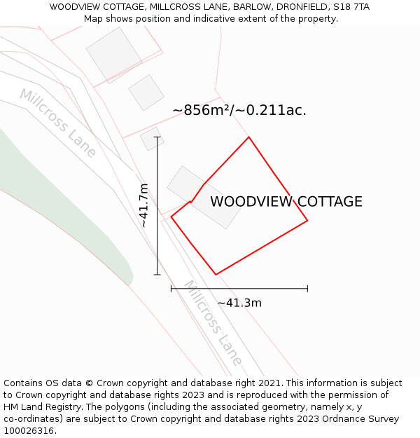 WOODVIEW COTTAGE, MILLCROSS LANE, BARLOW, DRONFIELD, S18 7TA: Plot and title map