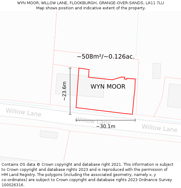 WYN MOOR, WILLOW LANE, FLOOKBURGH, GRANGE-OVER-SANDS, LA11 7LU: Plot and title map