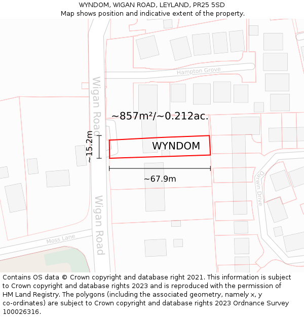 WYNDOM, WIGAN ROAD, LEYLAND, PR25 5SD: Plot and title map