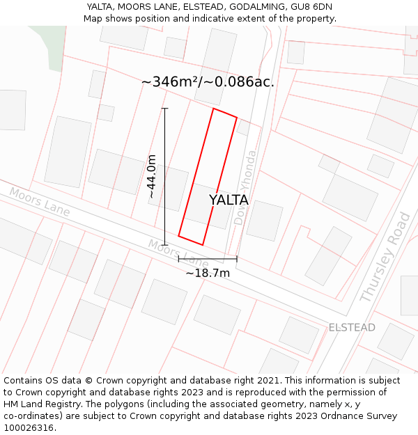 YALTA, MOORS LANE, ELSTEAD, GODALMING, GU8 6DN: Plot and title map