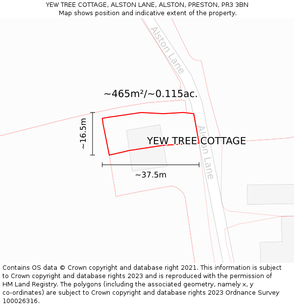 YEW TREE COTTAGE, ALSTON LANE, ALSTON, PRESTON, PR3 3BN: Plot and title map