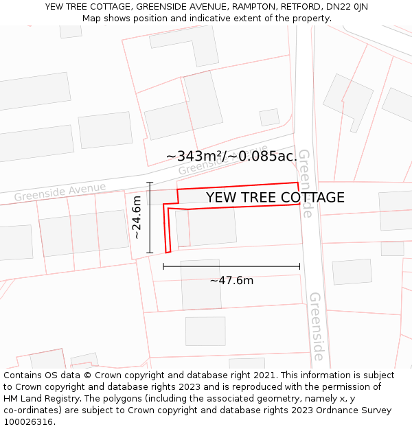 YEW TREE COTTAGE, GREENSIDE AVENUE, RAMPTON, RETFORD, DN22 0JN: Plot and title map