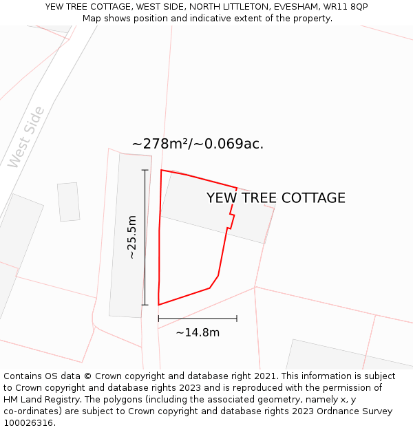 YEW TREE COTTAGE, WEST SIDE, NORTH LITTLETON, EVESHAM, WR11 8QP: Plot and title map