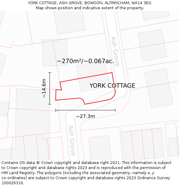 YORK COTTAGE, ASH GROVE, BOWDON, ALTRINCHAM, WA14 3EG: Plot and title map