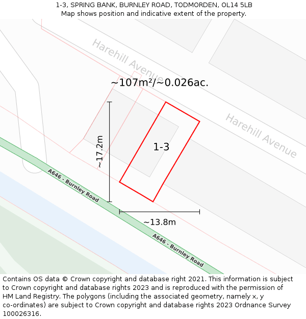 1-3, SPRING BANK, BURNLEY ROAD, TODMORDEN, OL14 5LB: Plot and title map