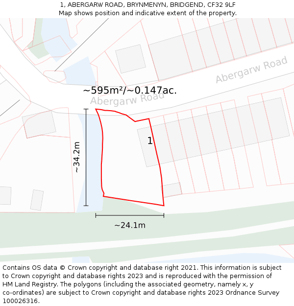 1, ABERGARW ROAD, BRYNMENYN, BRIDGEND, CF32 9LF: Plot and title map