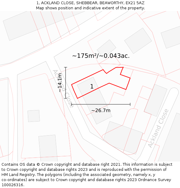 1, ACKLAND CLOSE, SHEBBEAR, BEAWORTHY, EX21 5AZ: Plot and title map
