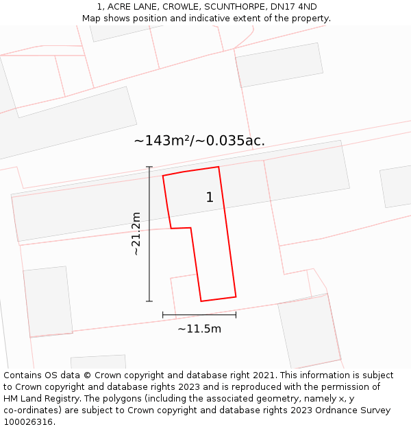 1, ACRE LANE, CROWLE, SCUNTHORPE, DN17 4ND: Plot and title map