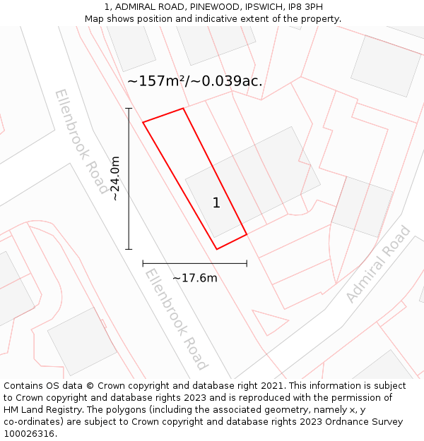 1, ADMIRAL ROAD, PINEWOOD, IPSWICH, IP8 3PH: Plot and title map