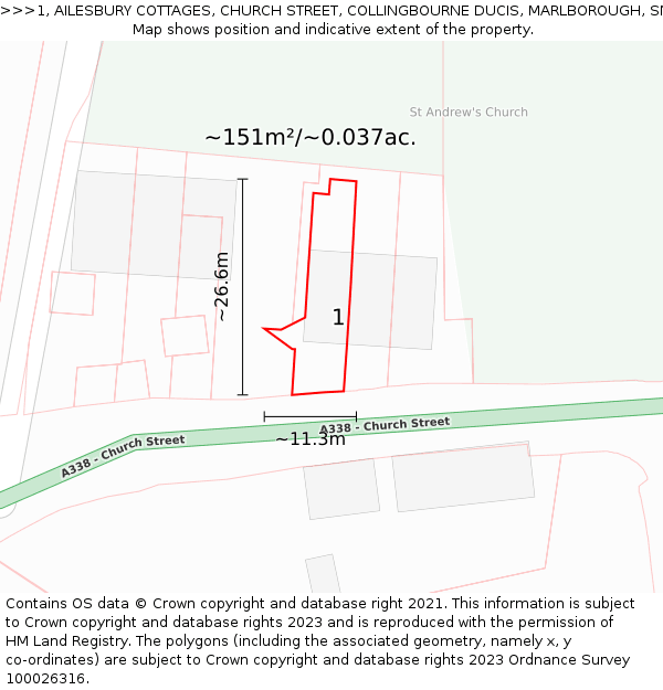 1, AILESBURY COTTAGES, CHURCH STREET, COLLINGBOURNE DUCIS, MARLBOROUGH, SN8 3FN: Plot and title map