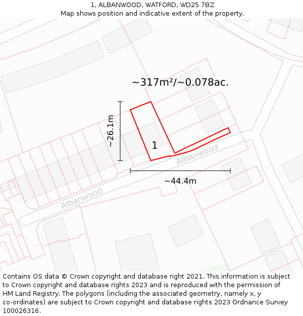 1, ALBANWOOD, WATFORD, WD25 7BZ: Plot and title map