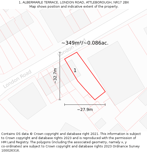 1, ALBERMARLE TERRACE, LONDON ROAD, ATTLEBOROUGH, NR17 2BX: Plot and title map