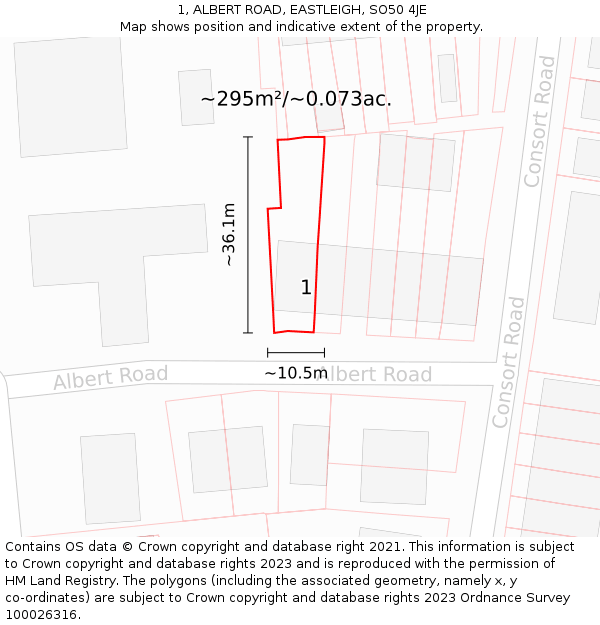 1, ALBERT ROAD, EASTLEIGH, SO50 4JE: Plot and title map