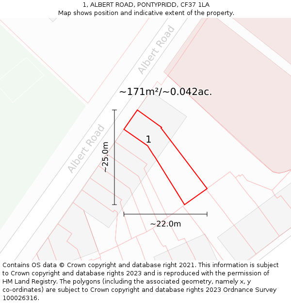 1, ALBERT ROAD, PONTYPRIDD, CF37 1LA: Plot and title map