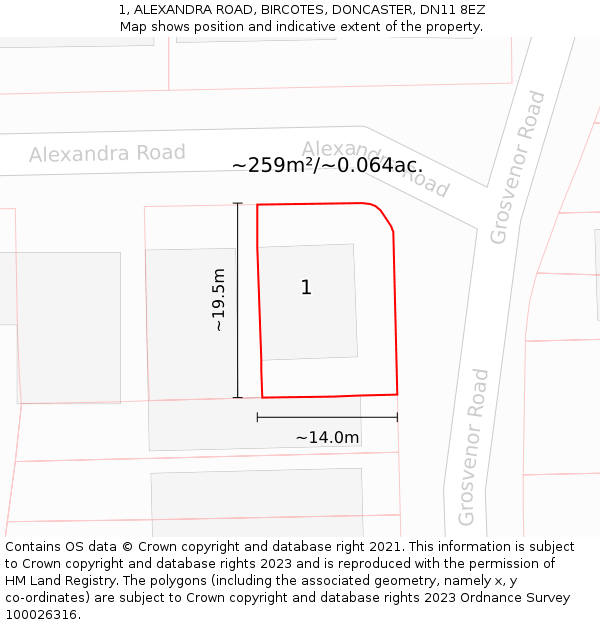 1, ALEXANDRA ROAD, BIRCOTES, DONCASTER, DN11 8EZ: Plot and title map