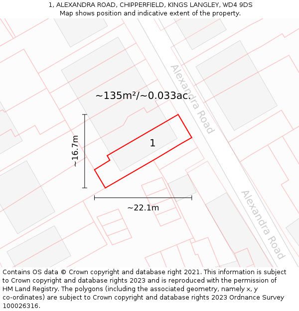 1, ALEXANDRA ROAD, CHIPPERFIELD, KINGS LANGLEY, WD4 9DS: Plot and title map