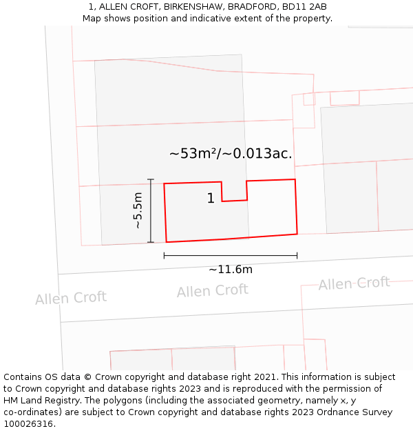 1, ALLEN CROFT, BIRKENSHAW, BRADFORD, BD11 2AB: Plot and title map