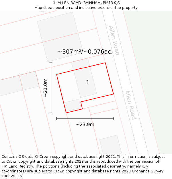 1, ALLEN ROAD, RAINHAM, RM13 9JS: Plot and title map