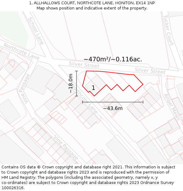 1, ALLHALLOWS COURT, NORTHCOTE LANE, HONITON, EX14 1NP: Plot and title map