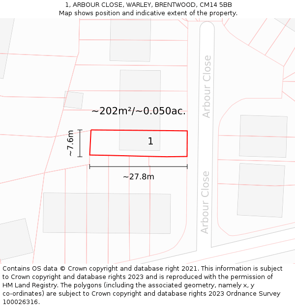 1, ARBOUR CLOSE, WARLEY, BRENTWOOD, CM14 5BB: Plot and title map