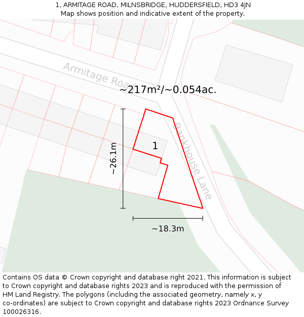 1, ARMITAGE ROAD, MILNSBRIDGE, HUDDERSFIELD, HD3 4JN: Plot and title map