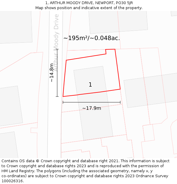 1, ARTHUR MOODY DRIVE, NEWPORT, PO30 5JR: Plot and title map