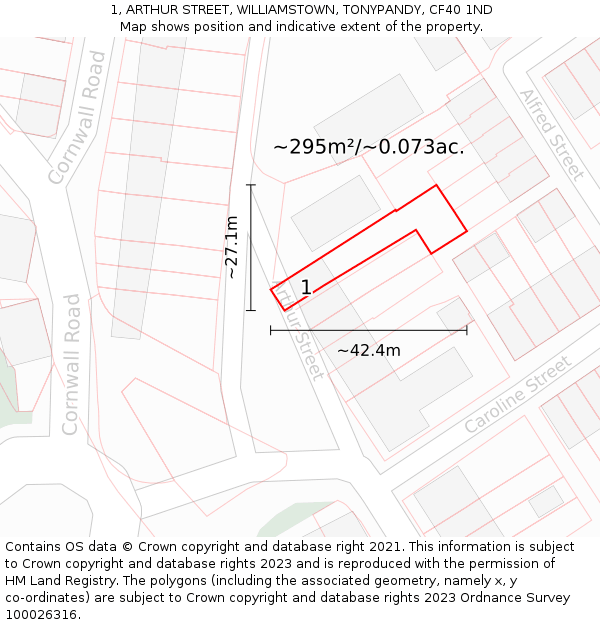 1, ARTHUR STREET, WILLIAMSTOWN, TONYPANDY, CF40 1ND: Plot and title map