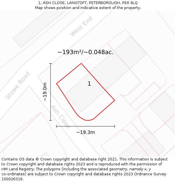 1, ASH CLOSE, LANGTOFT, PETERBOROUGH, PE6 9LQ: Plot and title map