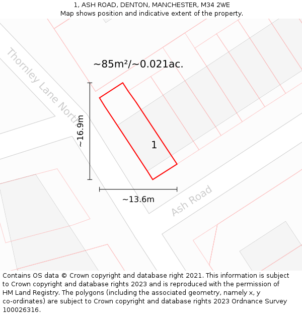 1, ASH ROAD, DENTON, MANCHESTER, M34 2WE: Plot and title map