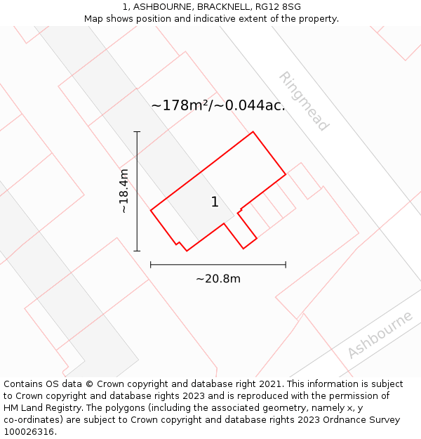 1, ASHBOURNE, BRACKNELL, RG12 8SG: Plot and title map
