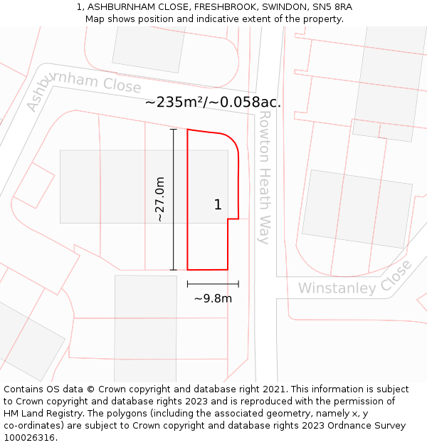 1, ASHBURNHAM CLOSE, FRESHBROOK, SWINDON, SN5 8RA: Plot and title map