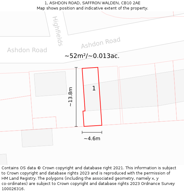 1, ASHDON ROAD, SAFFRON WALDEN, CB10 2AE: Plot and title map