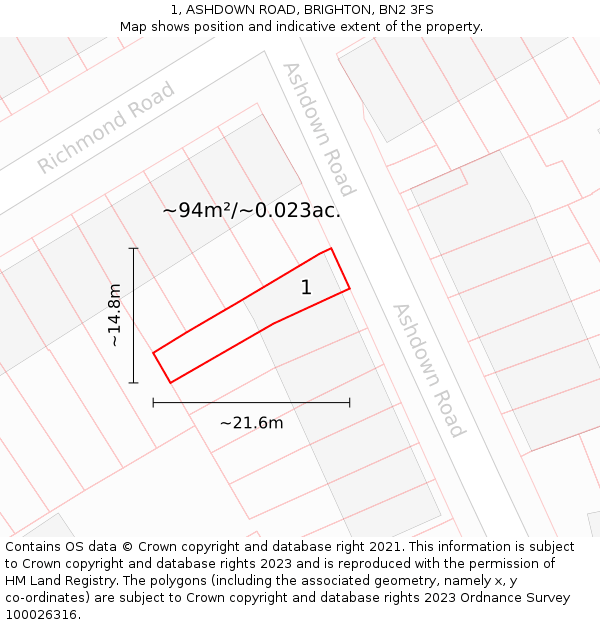 1, ASHDOWN ROAD, BRIGHTON, BN2 3FS: Plot and title map