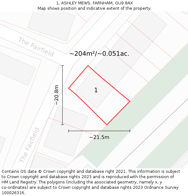 1, ASHLEY MEWS, FARNHAM, GU9 8AX: Plot and title map