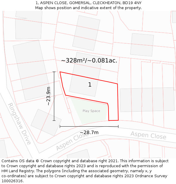 1, ASPEN CLOSE, GOMERSAL, CLECKHEATON, BD19 4NY: Plot and title map
