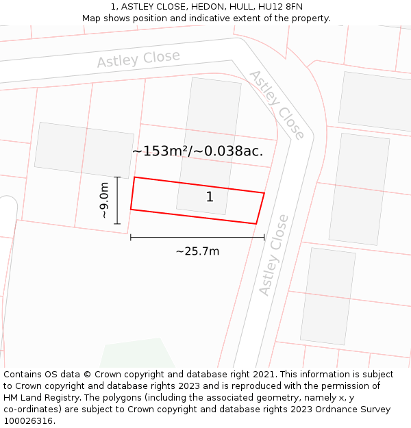 1, ASTLEY CLOSE, HEDON, HULL, HU12 8FN: Plot and title map