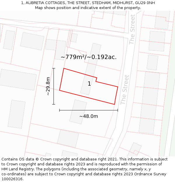 1, AUBRETIA COTTAGES, THE STREET, STEDHAM, MIDHURST, GU29 0NH: Plot and title map