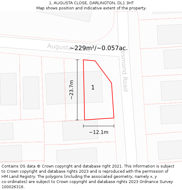 1, AUGUSTA CLOSE, DARLINGTON, DL1 3HT: Plot and title map