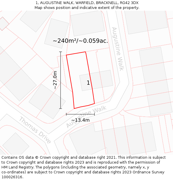 1, AUGUSTINE WALK, WARFIELD, BRACKNELL, RG42 3DX: Plot and title map