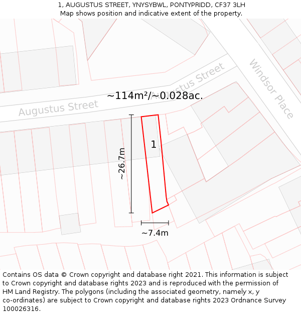 1, AUGUSTUS STREET, YNYSYBWL, PONTYPRIDD, CF37 3LH: Plot and title map