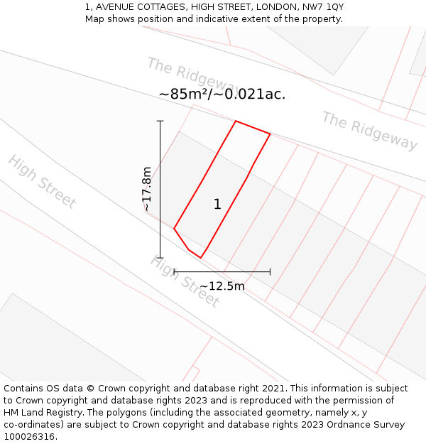 1, AVENUE COTTAGES, HIGH STREET, LONDON, NW7 1QY: Plot and title map
