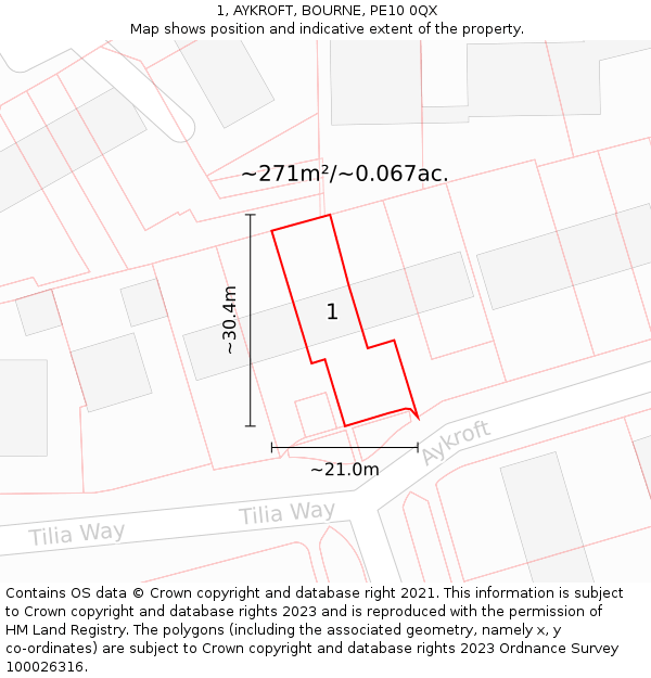 1, AYKROFT, BOURNE, PE10 0QX: Plot and title map