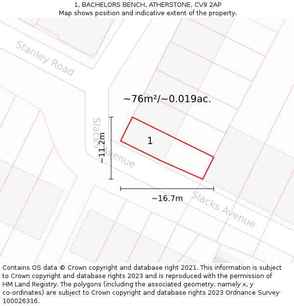 1, BACHELORS BENCH, ATHERSTONE, CV9 2AP: Plot and title map