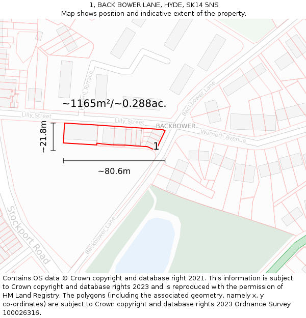 1, BACK BOWER LANE, HYDE, SK14 5NS: Plot and title map
