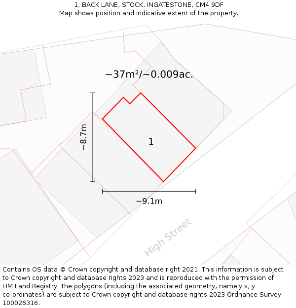 1, BACK LANE, STOCK, INGATESTONE, CM4 9DF: Plot and title map