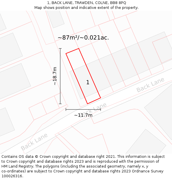 1, BACK LANE, TRAWDEN, COLNE, BB8 8PQ: Plot and title map