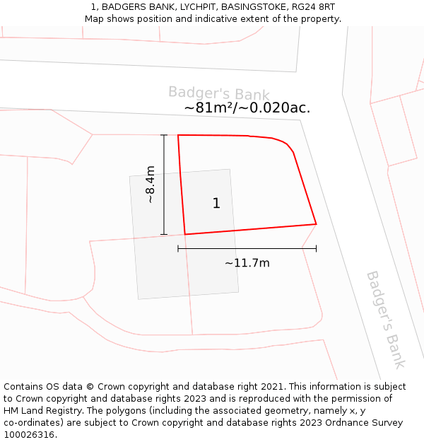 1, BADGERS BANK, LYCHPIT, BASINGSTOKE, RG24 8RT: Plot and title map