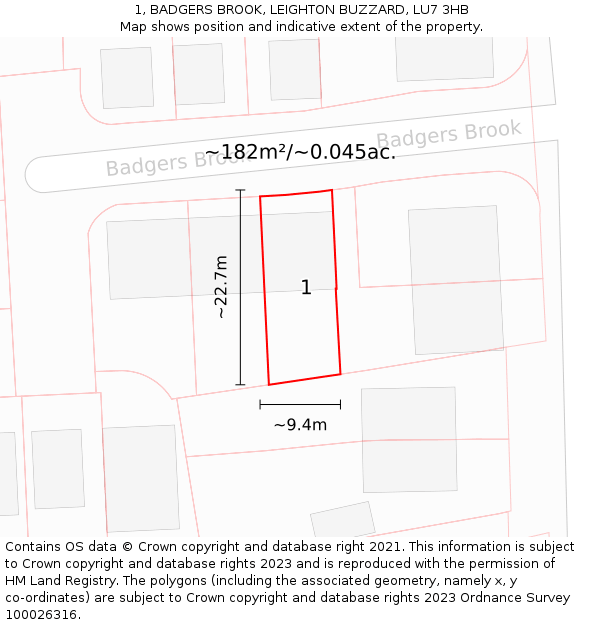 1, BADGERS BROOK, LEIGHTON BUZZARD, LU7 3HB: Plot and title map